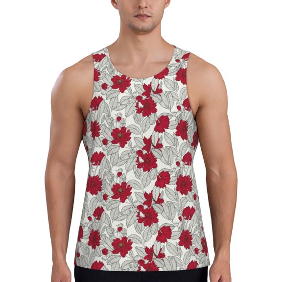 Easygdp Leaves And Anemone Flowers In Red Grey Men's Tank Top, Sleeveless Muscle T Shirts, Breathable, Quick-Dry, Loose for Gym, Running, Fitness - X-Large