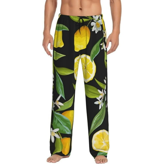 Easygdp Lemon Fruits Flowers Leaves Men's Pajama Pant, Sleep Elastic Waistband Lounge Pants - Medium