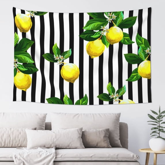 Easygdp Lemons on Striped Tapestry Wall Hanging, Wall Tapestries for Bedroom Aesthetic Living Room Office Decor 60x40in