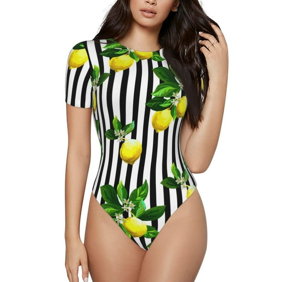 Easygdp Lemons on Striped Women's One-Piece Swimsuit Slim Fit Crew Neck Bodysuit Athletic Swimwear with Concealed Buckle - Small