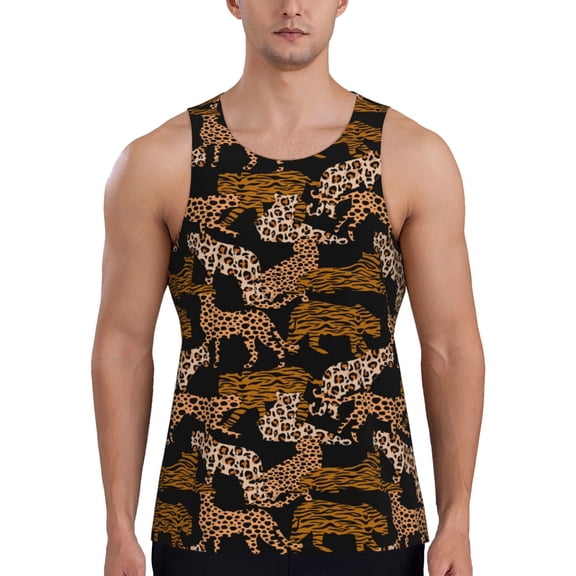 Easygdp Leopard Print Men's Tank Top, Sleeveless Muscle T Shirts, Breathable, Quick-Dry, Loose for Gym, Running, Fitness - XX-Large