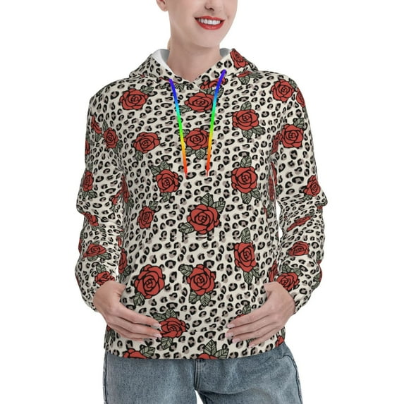 Easygdp Leopard Print Rose Womens Casual Hoodies Sweatshirts Long Sleeve Pullover Fall Pullover Tops Outfits Winter Clothes-Small