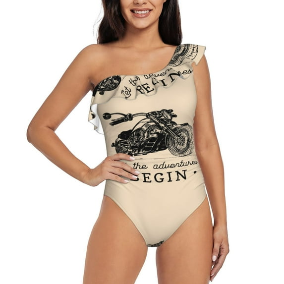 Easygdp Let The Adventure Begin Women's One Shoulder Ruffle Monokini Bathing Suits with Removable Chest Pad, Quick Drying - Small