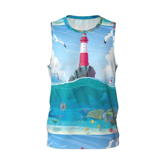 Easygdp Lighthouse Sea Port Men's Mesh Basketball Jersey Quick Drying Sleeveless Shirts Fitted Muscle Tank Tops Sport Round Neck T-Shirt - Large