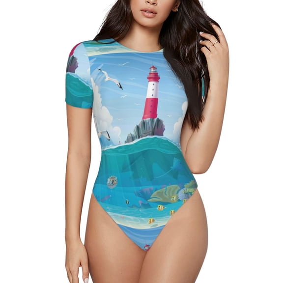 Easygdp Lighthouse Sea Port Women's One-Piece Swimsuit Slim Fit Crew Neck Bodysuit Athletic Swimwear with Concealed Buckle - Large