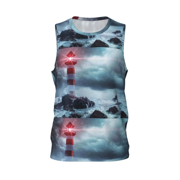 Easygdp Lighthouse in a Stormy Sea Men's Mesh Basketball Jersey Quick Drying Sleeveless Shirts Fitted Muscle Tank Tops Sport Round Neck T-Shirt - 3X-Large