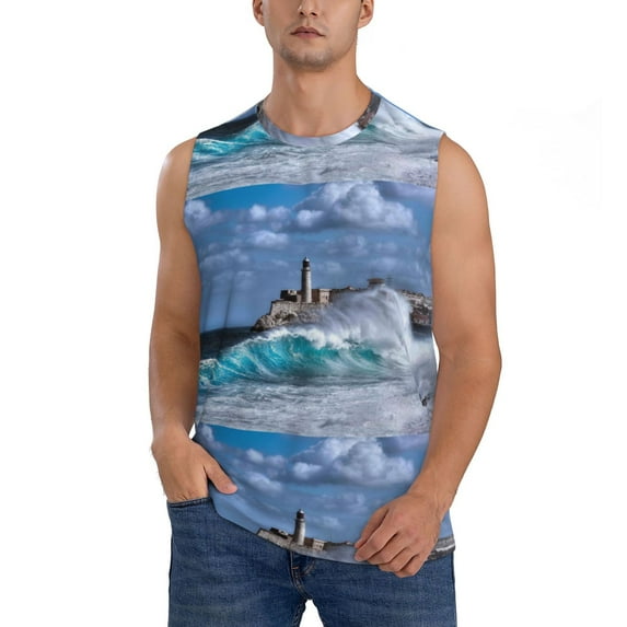 Easygdp Lighthouse in Havana Men's Breathable Tank Tops Sleeveless Sporty T Shirts for Basketball, Mountaineering, Bodybuilding -Large
