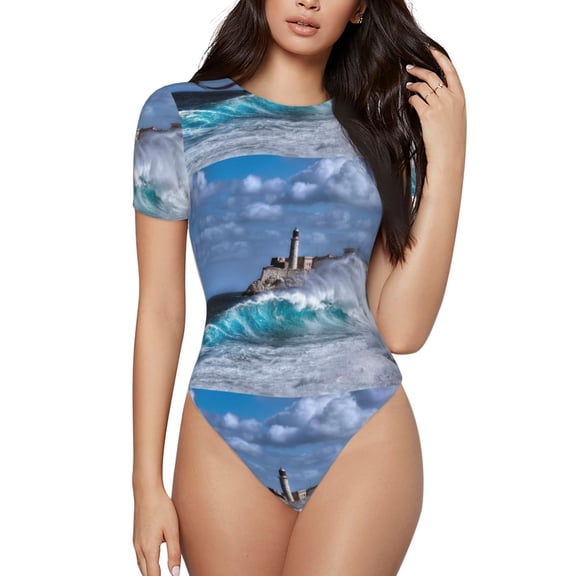 Easygdp Lighthouse in Havana Women's One-Piece Swimsuit Slim Fit Crew Neck Bodysuit Athletic Swimwear with Concealed Buckle - X-Large