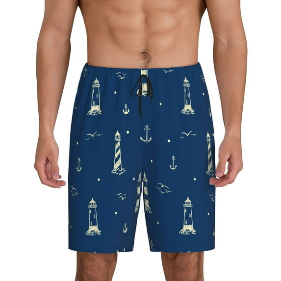 Easygdp Lighthouses and Anchors Men's Short Pajama Pants, Sleep Shorts, Household Pants, Casual Pants with Pockets - Large