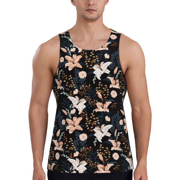 Easygdp Lilies Flowers Men's Tank Top, Sleeveless Muscle T Shirts, Breathable, Quick-Dry, Loose for Gym, Running, Fitness - 3X-Large