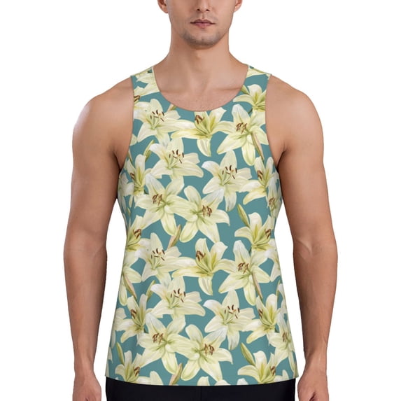 Easygdp Lilies Flowers Men's Tank Top, Sleeveless Muscle T Shirts, Breathable, Quick-Dry, Loose for Gym, Running, Fitness - Large