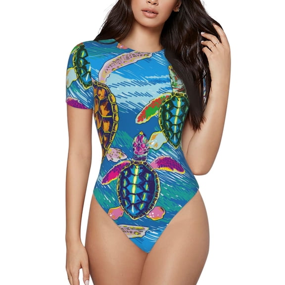 Easygdp Little Sea Turtles Women's One-Piece Swimsuit Slim Fit Crew Neck Bodysuit Athletic Swimwear with Concealed Buckle - Large