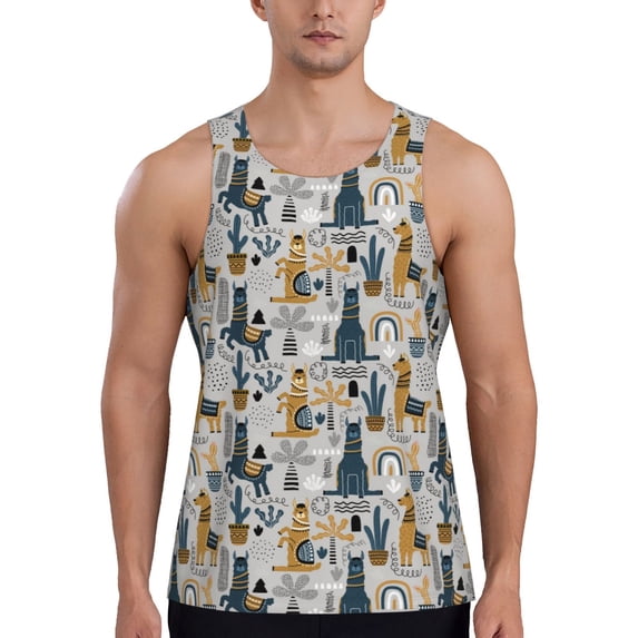 Easygdp Llama and Cactus1 Men's Tank Top, Sleeveless Muscle T Shirts, Breathable, Quick-Dry, Loose for Gym, Running, Fitness - X-Large