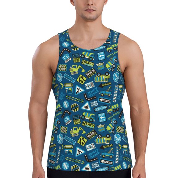 Easygdp Machinery Road Construction Men's Tank Top, Sleeveless Muscle T Shirts, Breathable, Quick-Dry, Loose for Gym, Running, Fitness - 3X-Large