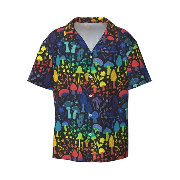 Easygdp Magical Mushrooms and Flowers Men's Casual Short-sleeved Shirt with Pocket and Button Suitable for Beach Vacation Leisure - Small
