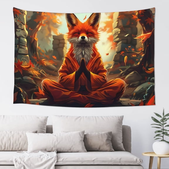 Easygdp Maple Leaf Meditating Fox Tapestry Wall Hanging, Wall Tapestries for Bedroom Aesthetic Living Room Office Decor 60x40in