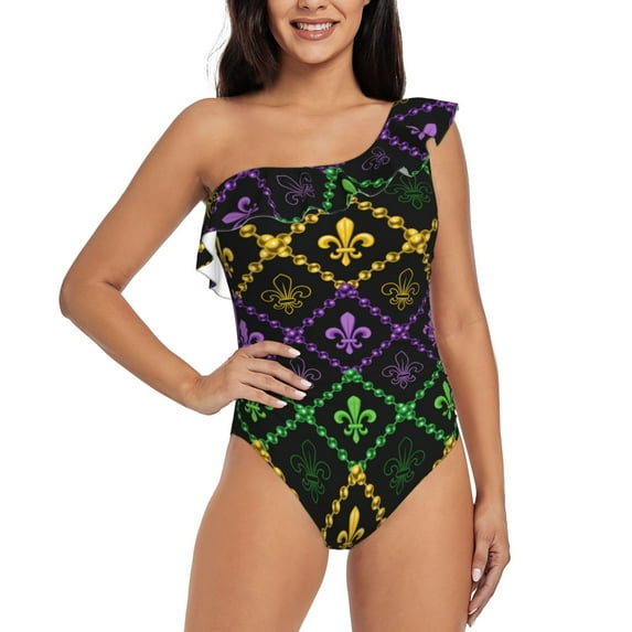 Easygdp Mardi Gra Geometric Women's One Shoulder Ruffle Monokini Bathing Suits with Removable Chest Pad, Quick Drying - Small
