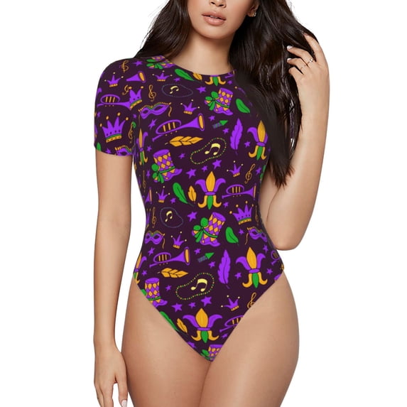 Easygdp Mardi Gra2 Women'S Waist-Cinching Short-Sleeved Onesie, Olastic Onesiet,Snaps At Bottom,Easy To Put On And Take Off - Xx-Large