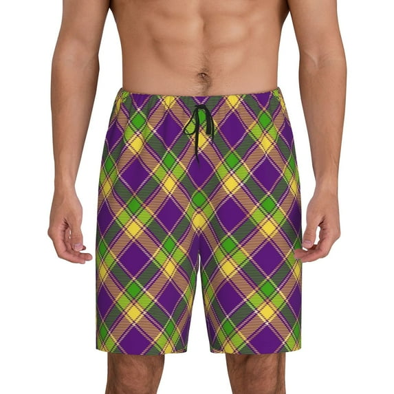 Easygdp Mardi Gras Plaid Men's Short Pajama Pants, Sleep Shorts, Household Pants, Casual Pants with Pockets - 3X-Large