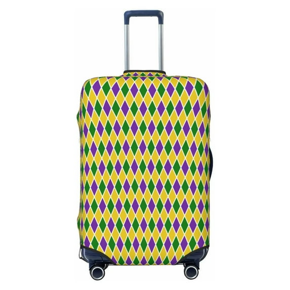 Easygdp Mardi Gras Purple Yellow Plaid Double-Sided Printed Elastic Suitcase Protective Cover,Invisible Zipper, Business Trip Luggage Cases,Washable And Resistant To Falling -Large