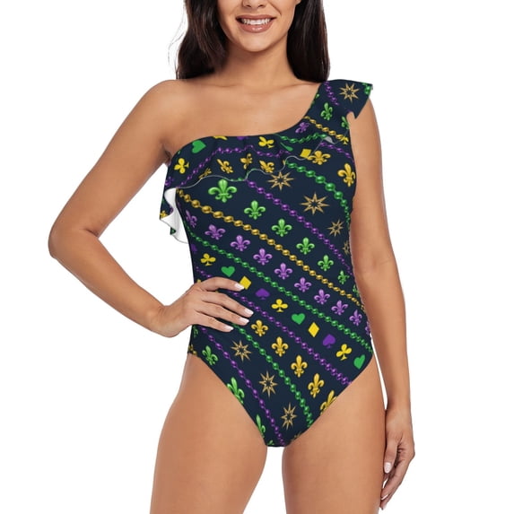 Easygdp Mardi Gras Strings of Beads Women's One Shoulder Ruffle Monokini Bathing Suits with Removable Chest Pad, Quick Drying - Large