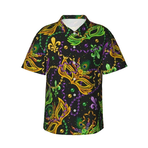 Easygdp Mardi Gras Surface Men's Hawaiian Shirts Print Lapel Short Sleeve for Beach, vacation, party, casual occasions - X-Large