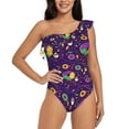 thumbnail image 1 of Easygdp Mardi Gras and Donuts Women's One Shoulder Ruffle Monokini Bathing Suits with Removable Chest Pad, Quick Drying - Small, 1 of 8
