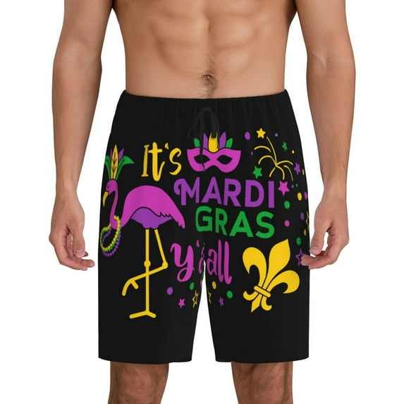 Easygdp Mardi Gras with Flamingo Men's Short Pajama Pants, Sleep Shorts, Household Pants, Casual Pants with Pockets - X-Large