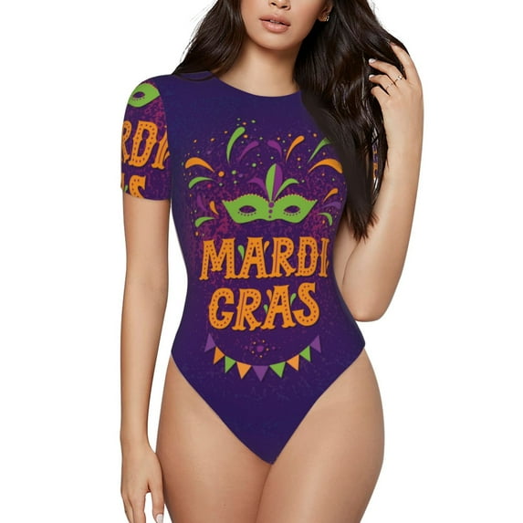 Easygdp Mardi Gras2 Women'S Waist-Cinching Short-Sleeved Onesie, Olastic Onesiet,Snaps At Bottom,Easy To Put On And Take Off - X-Large