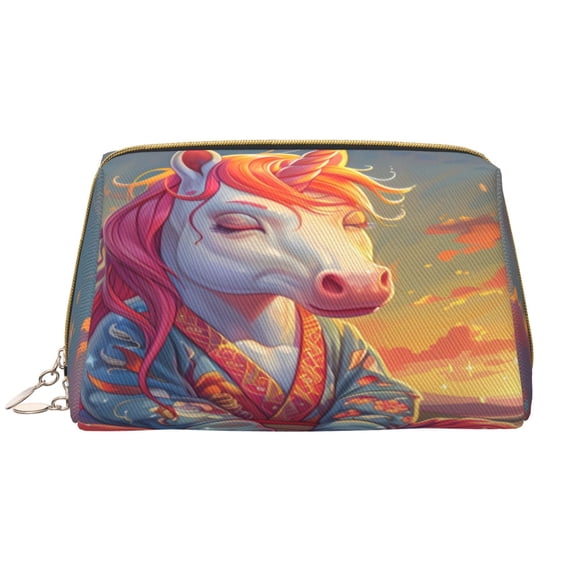 Easygdp Meditating Cute Horse Leather Makeup Bag Zipper Pouch Travel Cosmetic Organizer for Women and Girls, Make up Bag with Zipper