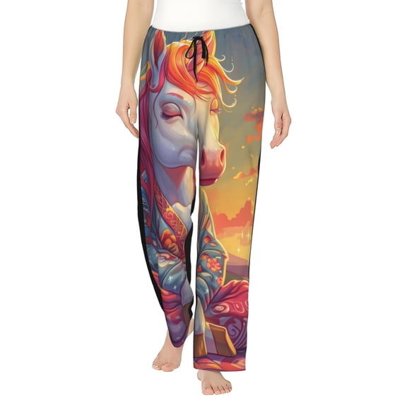 Easygdp Meditating Cute Horse Women's Drawstring Pajama Pants | Lounge Joggers Sweatpants | Comfy Sleepwear | Yoga Pants-Large