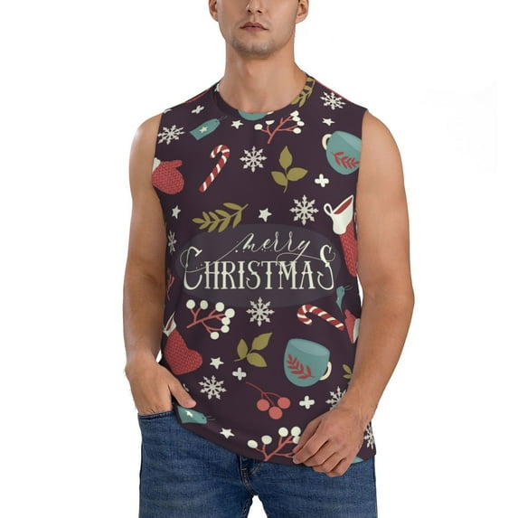 Easygdp Merry Christmas Men's Breathable Tank Tops Sleeveless Sporty T Shirts for Basketball, Mountaineering, Bodybuilding -XX-Large