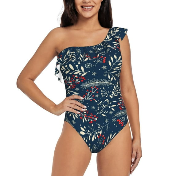 Easygdp Merry Christmas Women's One Shoulder Ruffle Monokini Bathing Suits with Removable Chest Pad, Quick Drying - Medium