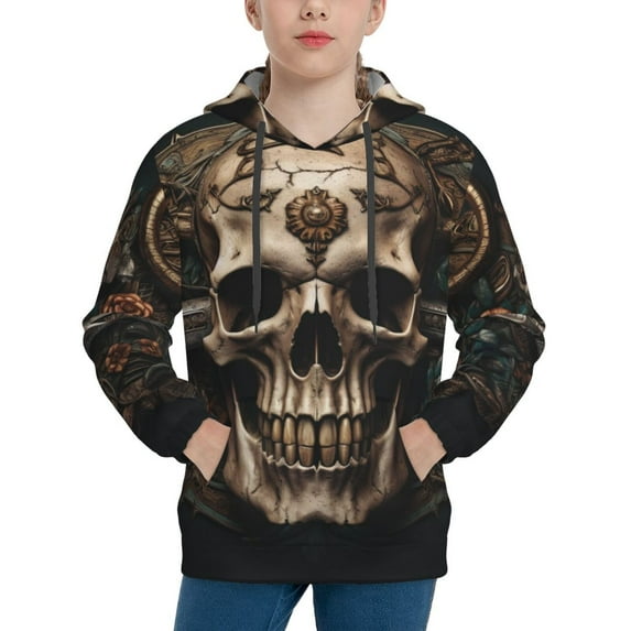Easygdp Metal Style Horned Skull Boys Hoodie Kids Sweatshirt Youth Pullover With Hood-Large