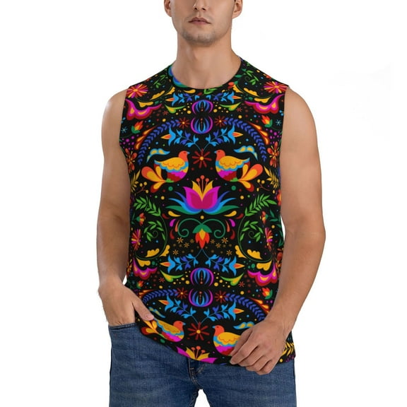 Easygdp Mexican Flower Traditional1 Men's Breathable Tank Tops Sleeveless Sporty T Shirts for Basketball, Mountaineering, Bodybuilding -Small
