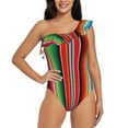 thumbnail image 1 of Easygdp Mexican Serape Blanket Stripes Women's One Shoulder Ruffle Monokini Bathing Suits with Removable Chest Pad, Quick Drying - Small, 1 of 8