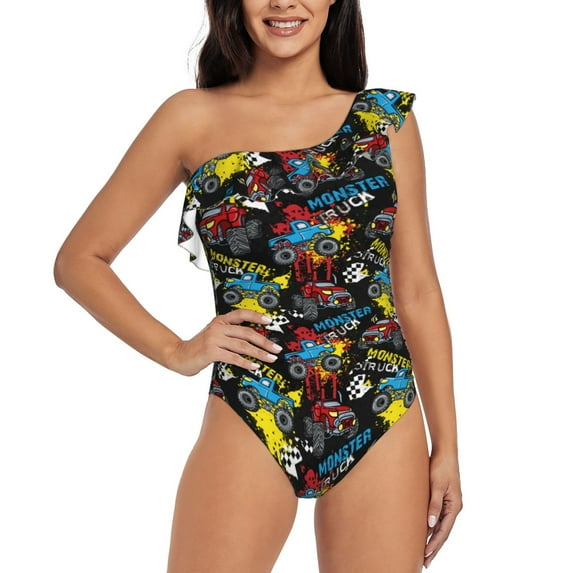 Easygdp Monster Car Women's One Shoulder Ruffle Monokini Bathing Suits with Removable Chest Pad, Quick Drying - XX-Large