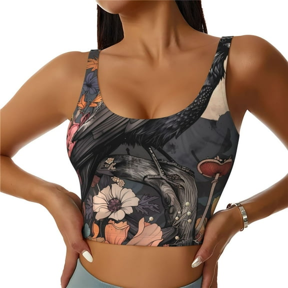 Easygdp Moonlit Crow Blossoms Seamless Sports Bra for Women, High Impact Yoga Exercise Athletic Bras - Available in Various Sizes-