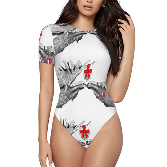 Easygdp Moose Kissing Under Mistletoe Women's One-Piece Swimsuit Slim Fit Crew Neck Bodysuit Athletic Swimwear with Concealed Buckle - Medium
