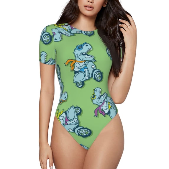 Easygdp Motorcycle Riding Dinosaur Women's One-Piece Swimsuit Slim Fit Crew Neck Bodysuit Athletic Swimwear with Concealed Buckle - X-Large