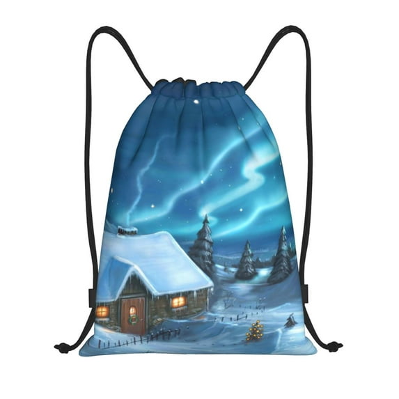 Easygdp Mountain Cottage In Snow Drawstring Backpack, Beach Sackpack, Travel Sackpack Lightweight for Sports, Gym, Travel, Swimming - Medium