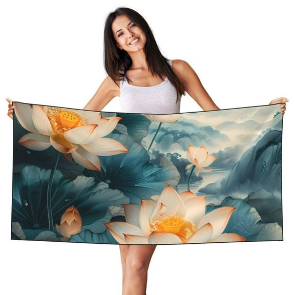 Easygdp Mountain Lotus Serenity Beach Towel 27.5X55 Inches Quick Dry Pool Towel Travel Compact Bath Towel Sandproof Beach Blanket Towel for Swimming