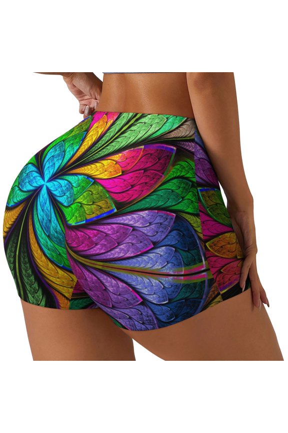 Multicolored Beautiful Flower Yoga Shorts with Pockets for Women,Women's Biker Shorts Workout Gym Running Volleyball,Tummy Control-Large