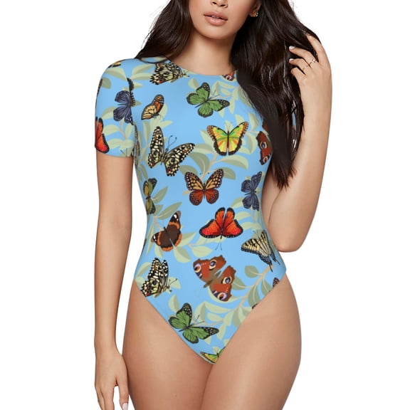 Easygdp Multicolored Butterflies Women's One-Piece Swimsuit Slim Fit Crew Neck Bodysuit Athletic Swimwear with Concealed Buckle - X-Large