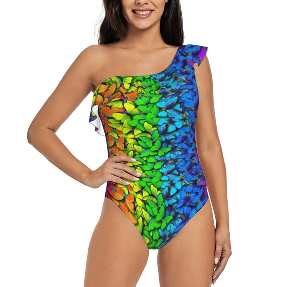Easygdp Multicolored Butterflies Women's One Shoulder Ruffle Monokini Bathing Suits with Removable Chest Pad, Quick Drying - Large