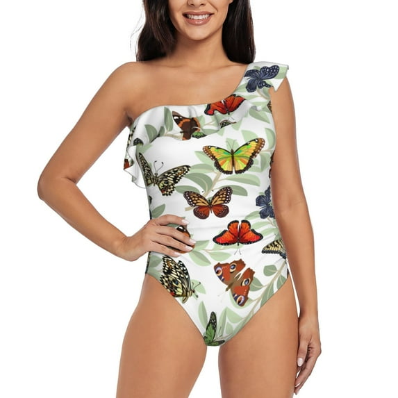 Easygdp Multicolored Butterflies Women's One Shoulder Ruffle Monokini Bathing Suits with Removable Chest Pad, Quick Drying - Small