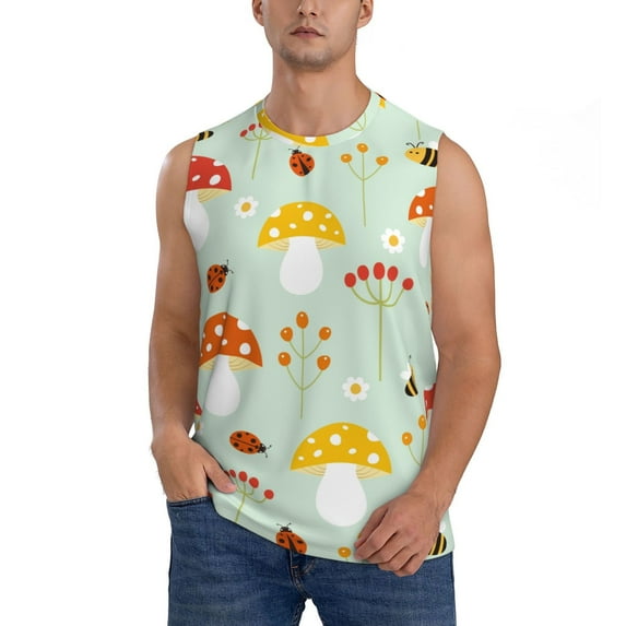Easygdp Mushroom Bee Men's Breathable Tank Tops Sleeveless Sporty T Shirts for Basketball, Mountaineering, Bodybuilding -XX-Large