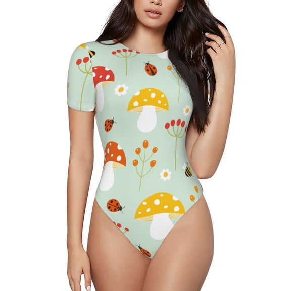 Easygdp Mushroom Bee Women'S Waist-Cinching Short-Sleeved Onesie, Olastic Onesiet,Snaps At Bottom,Easy To Put On And Take Off - X-Large