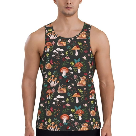 Easygdp Mushroom With Snails Men's Tank Top, Sleeveless Muscle T Shirts, Breathable, Quick-Dry, Loose for Gym, Running, Fitness - Small