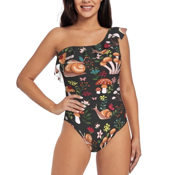 Easygdp Mushroom With Snails Women's One Shoulder Ruffle Monokini Bathing Suits with Removable Chest Pad, Quick Drying - Medium